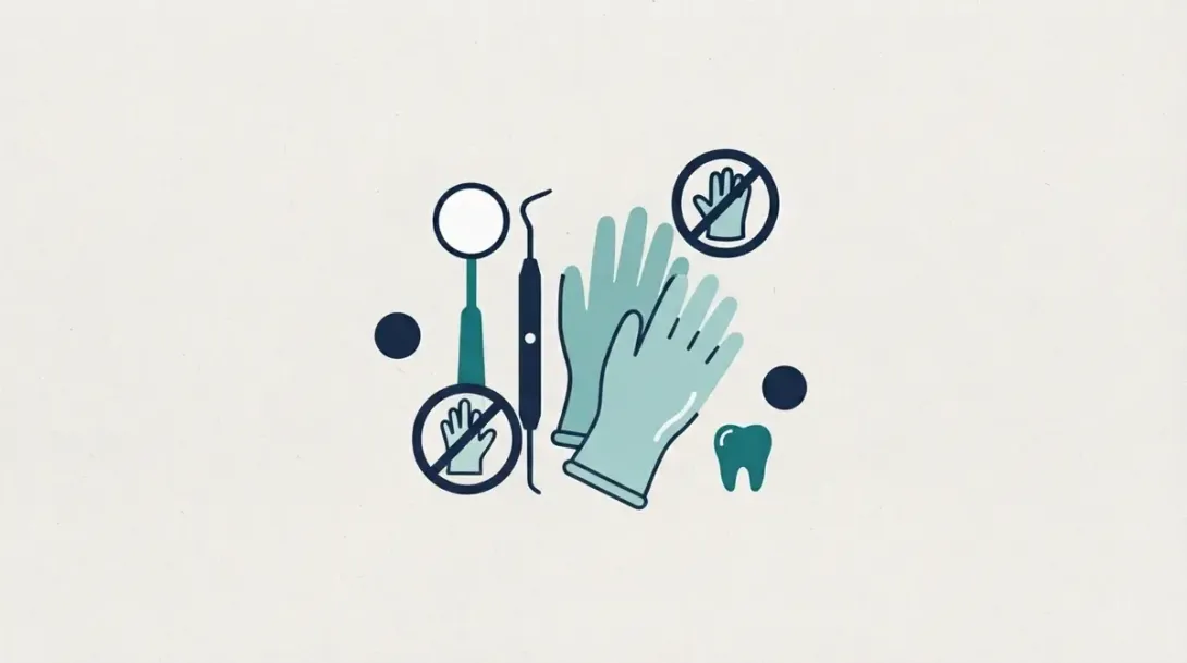 Guantes de látex tachados junto a instrumental dental para prevenir reacciones alérgicas