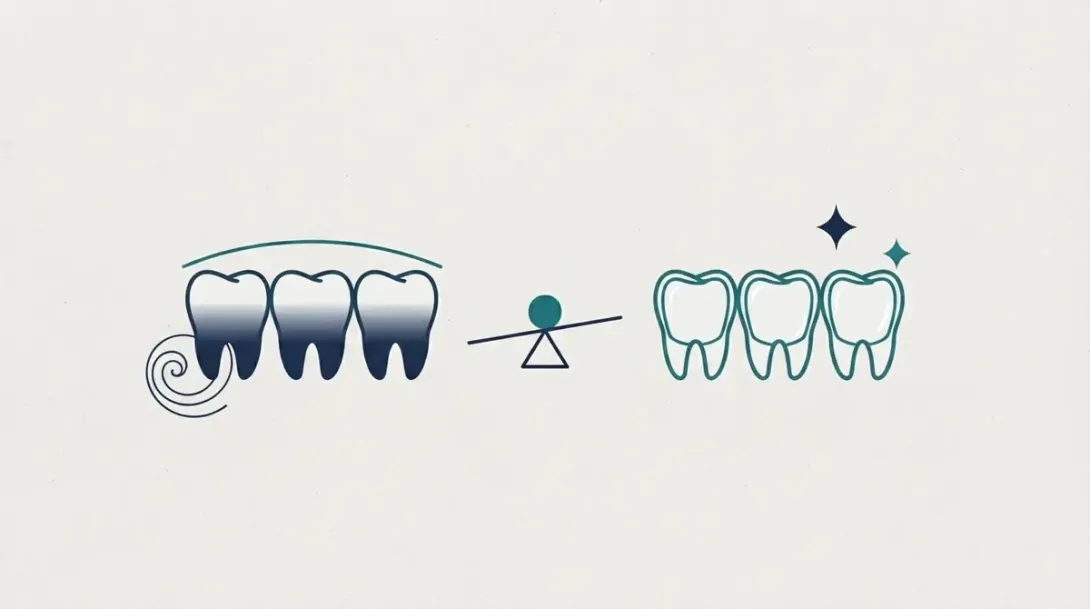 Tres dientes oscuros con hilo dental frente a tres dientes blancos y brillantes