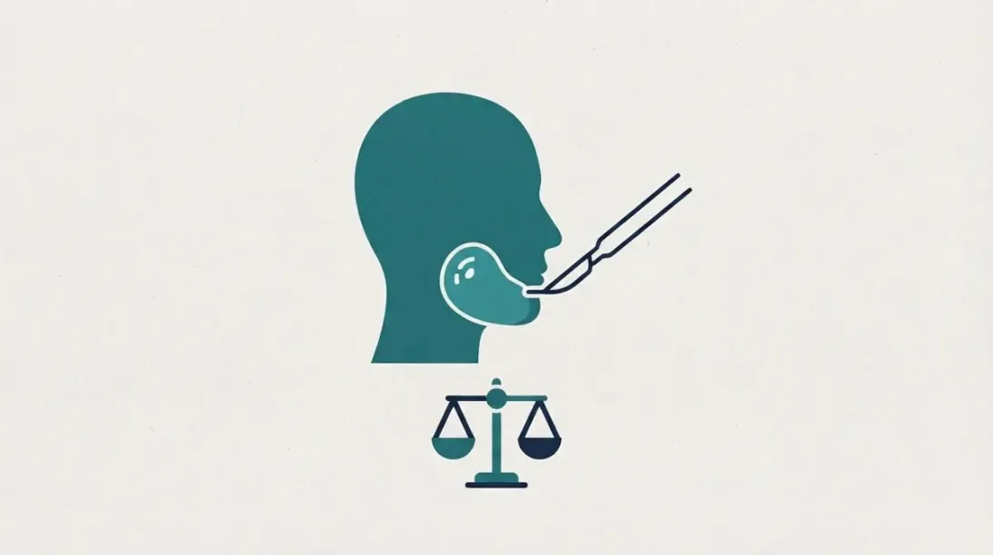 Perfil de cabeza humana con un quiste en la mandíbula y un bisturí junto a una balanza de justicia