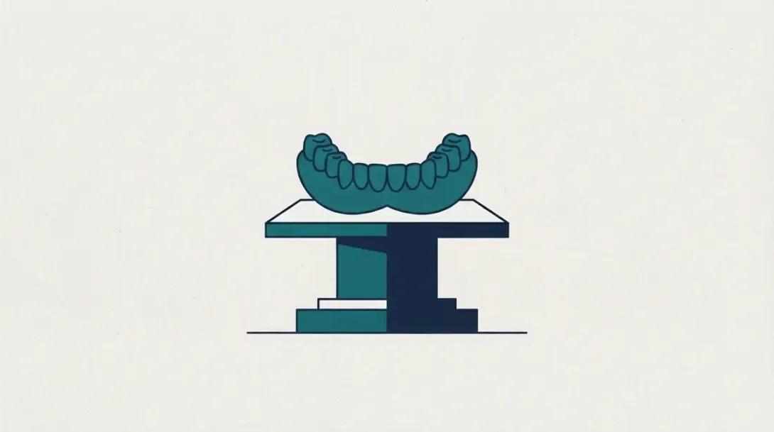 Dentadura postiza sobre un pedestal que ilustra la durabilidad de las prótesis dentales