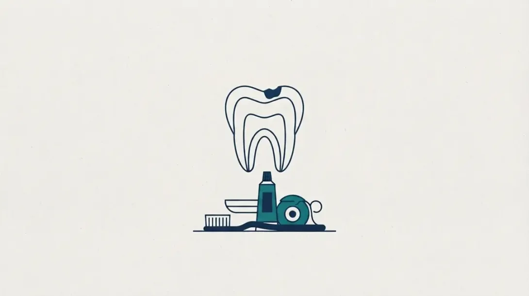Diente con una caries en la parte superior rodeado de un cepillo, pasta de dientes y seda dental