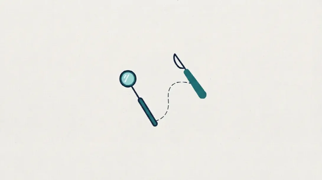 Espejo dental y bisturí conectados por una línea discontinua para ilustrar la diferencia entre dentista y cirujano