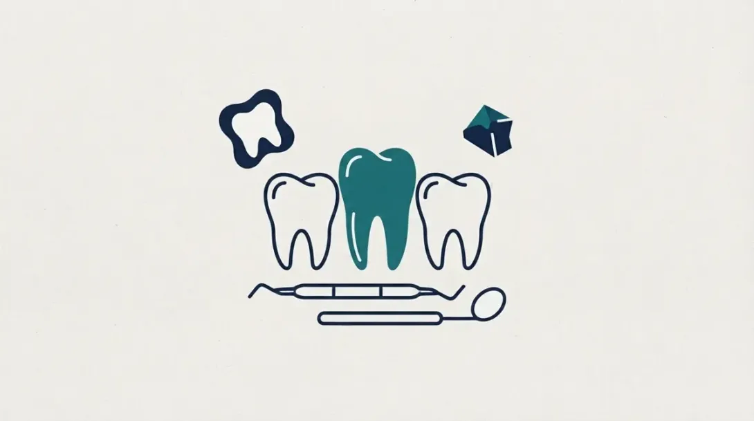 Tres dientes junto a herramientas dentales para tratar el tamaño de los dientes