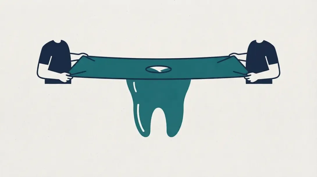 Dos personas sostienen un dique de goma dental sobre una pieza dental aislada