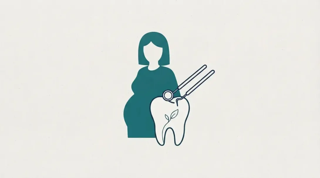 Mujer embarazada junto a un diente con una planta y herramientas de endodoncia