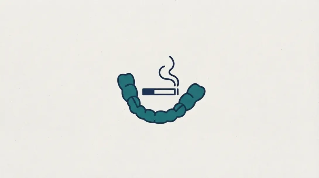 Alineadores dentales transparentes junto a un cigarrillo encendido que desprende humo