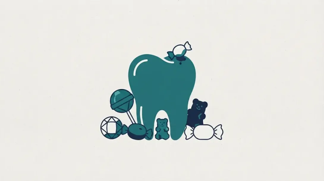 Muela rodeada de diversas golosinas que pueden dañar la salud dental en Halloween