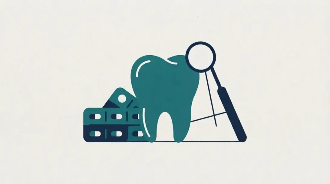Diente junto a un espejo dental y blísteres de medicación para el tratamiento con isotretinoína