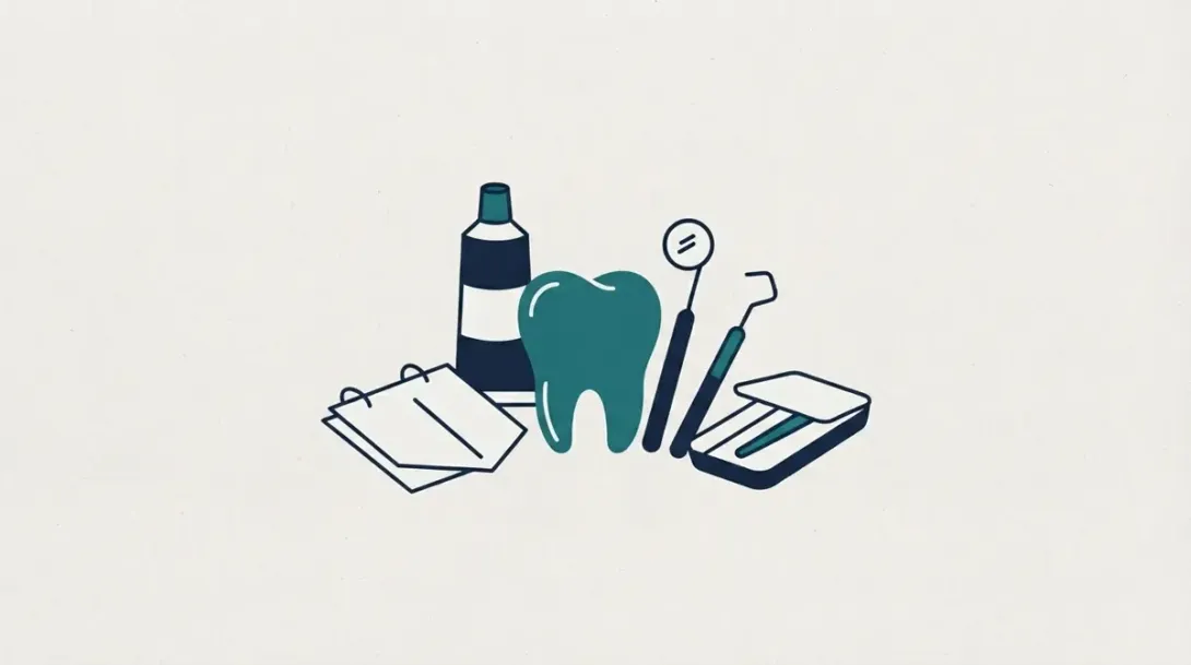 Diente rodeado de pasta de dientes, espejo, sonda y seda dental para odontología general