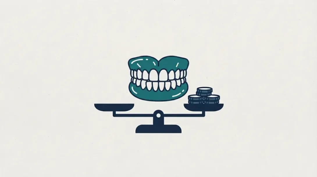 Dentadura postiza sobre una balanza junto a monedas para comparar el coste de las prótesis dentales