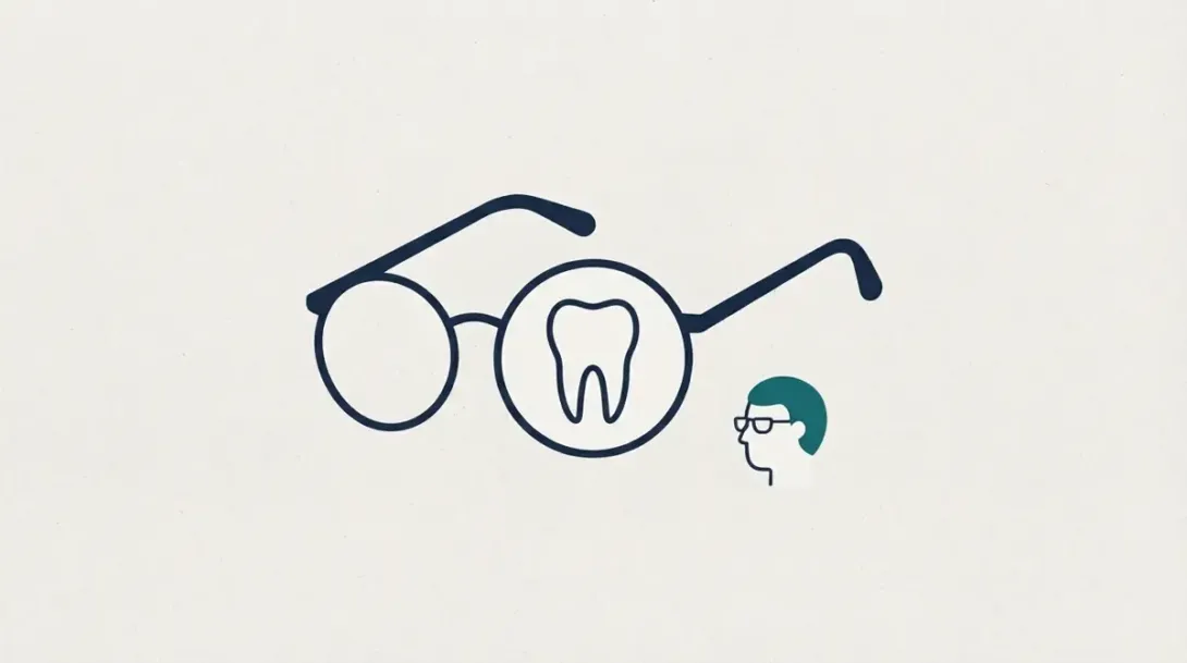 Gafas con un diente en el cristal derecho junto a una cara para hablar de glaucoma y salud dental