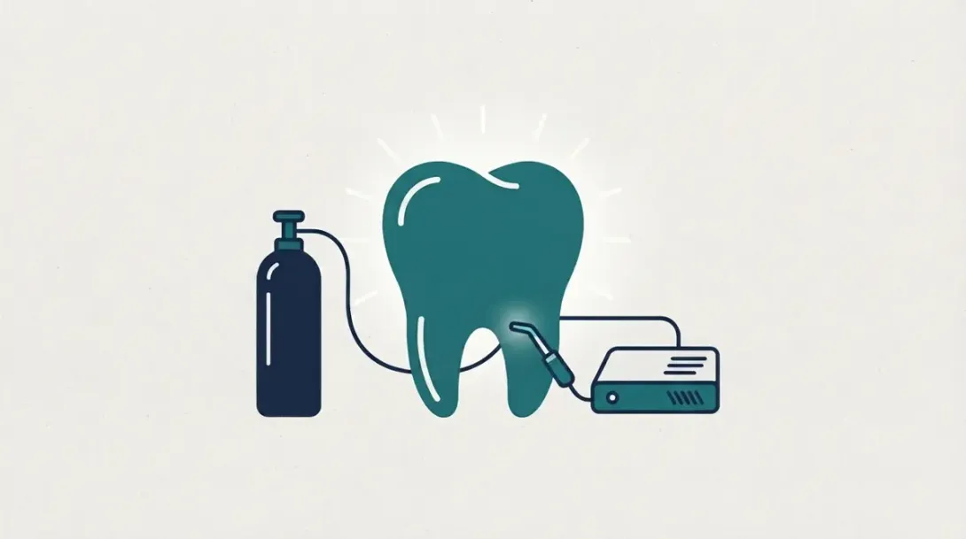 Diente siendo tratado con un dispositivo de ozonoterapia dental conectado a un tanque