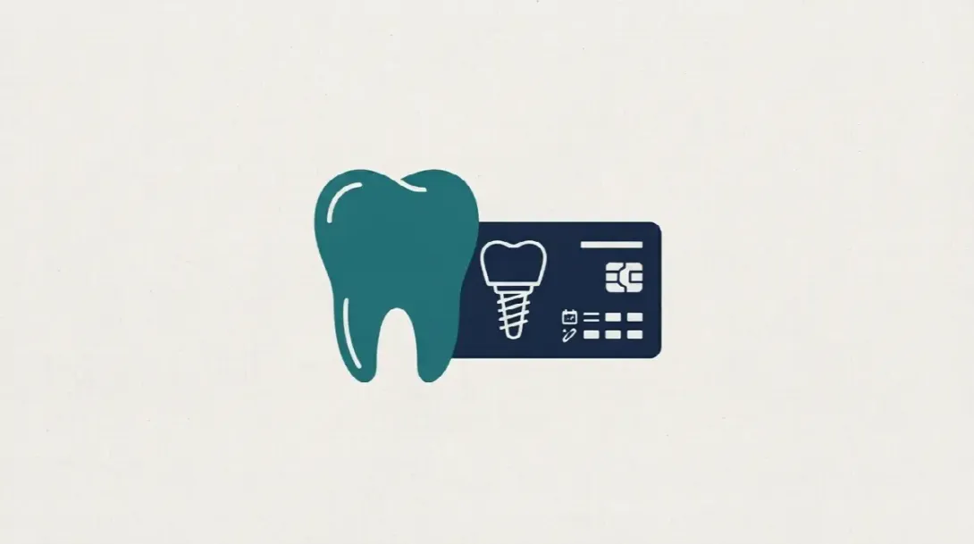 Diente junto a una tarjeta de implante dental que contiene información técnica sobre la prótesis
